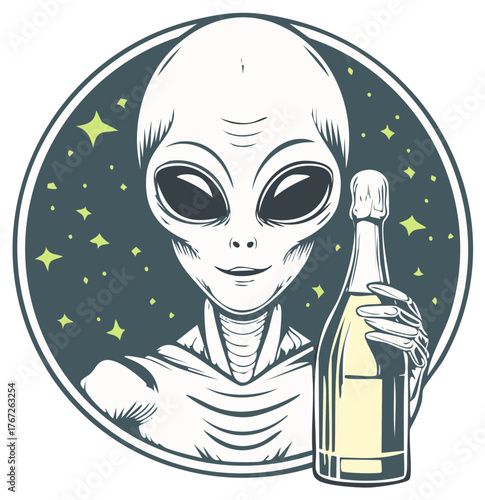 Extraterrestrial Holding Champagne Bottle, Celebrating Cosmic Event in Circle Frame