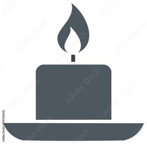 Gray Candle with Flame on Plate - Wax Light Source for Celebration and Ambiance