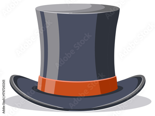 Elegant top hat illustration with an orange band, cartoon style, vintage headwear for formal attire or magician.