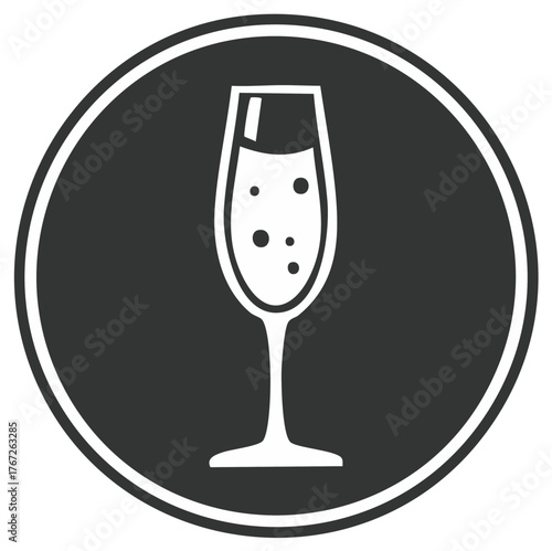 Monochrome illustration of a champagne flute with sparkling wine bubbles in a dark grey circle