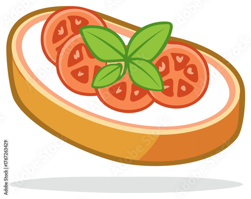 Bruschetta Vector Illustration: Bread Slice Topped with Tomato and Basil