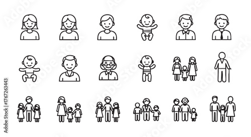 Set of family member outline icons representing generational differences and family units