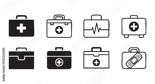 Set of First Aid Kit Symbol Icons in Black and White
