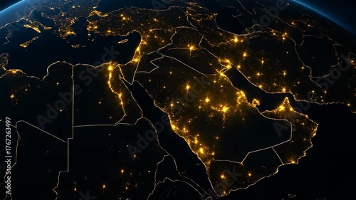 stunning aerial view of Arab world and Arabian peninsula illuminated at night from space, concept of global connectivity and technology, mapping and geography, middle east global connection, zoom in