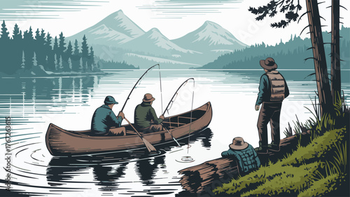 Vector art of three people fishing from a canoe on a calm lake with mountains in background
