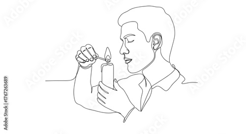 Man lighting candle with matchstick in line art symbolizing inner peace