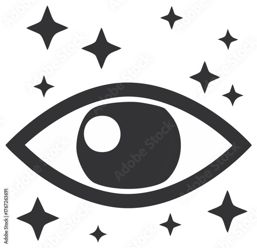 Graphic icon of a magical seeing eye surrounded by twinkling stars and sparkles