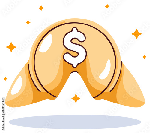 Sparkling golden fortune cookie with a dollar symbol representing financial luck wealth and success
