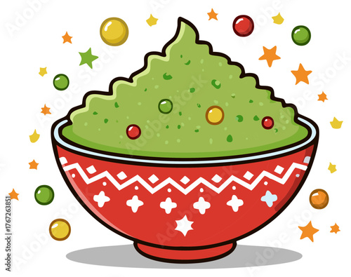 Festive guacamole in a decorative red bowl surrounded by colorful stars and spheres
