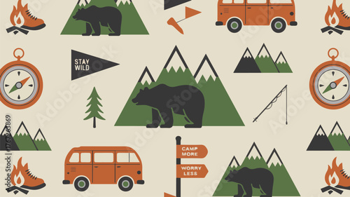 Vector art of retro camping pattern with bears, vans, mountains, and compasses