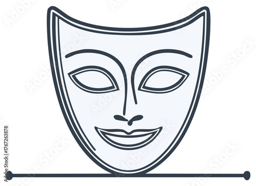 Classic theatre mask of comedy with a smiling face and dark outline