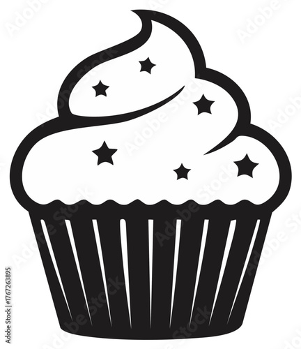 Cupcake Dessert Treat Illustration Black White Stars Pastry Bakery Goodies