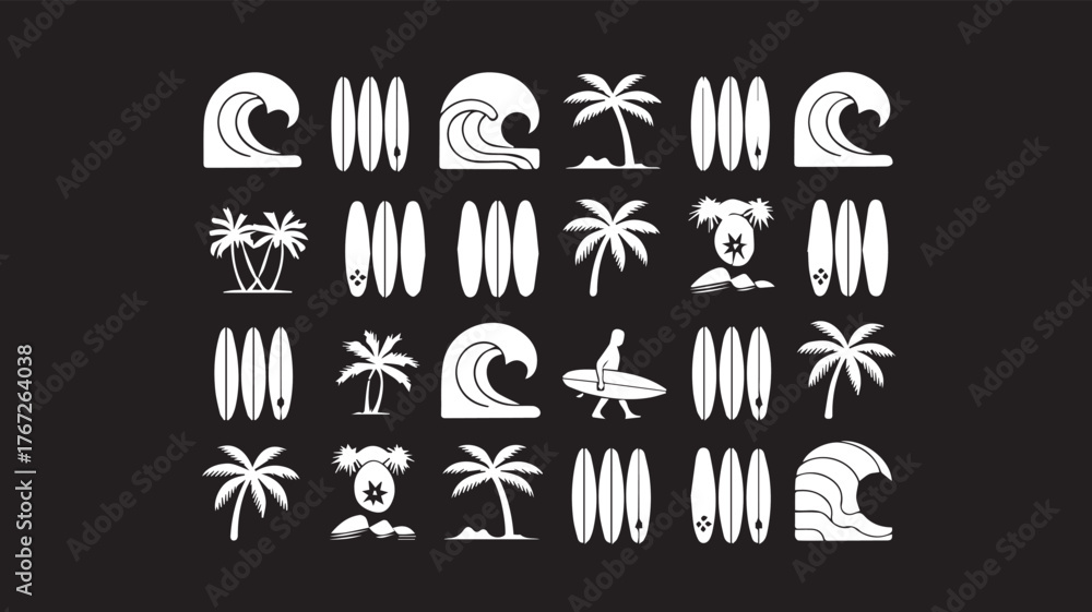 Fototapeta premium Vector art of collection of surfing and tropical icons