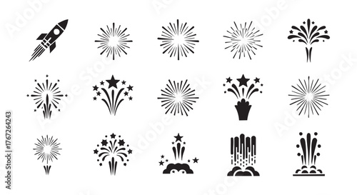 Set of festive black fireworks with rocket on white background