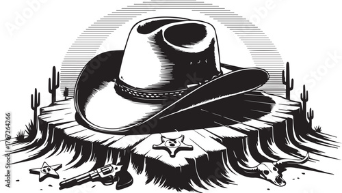 Vector art of western cowboy hat with revolver and skull on arid landscape