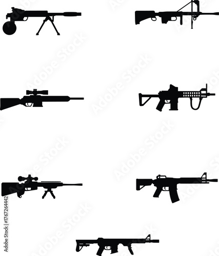 Firearm silhouette illustration, rifle and machine gun weapon icons, black outline military guns collection, tactical firearm design for security education artwork