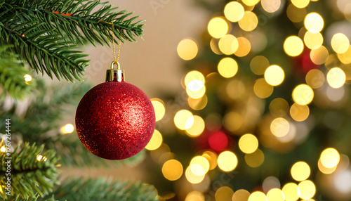 Shiny red ornament hanging on a christmas tree with festive bokeh