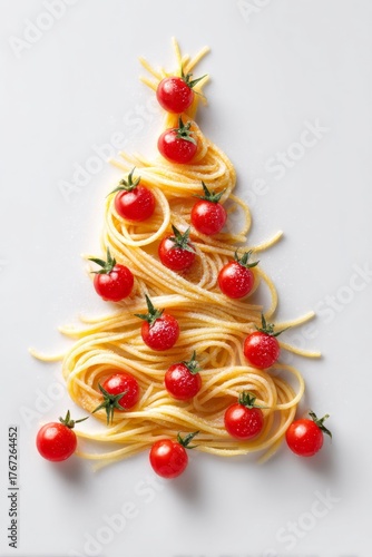 Spaghetti pasta and cherry tomatoes forming a christmas tree