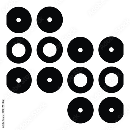 An abstract arrangement of black solid circles and hollow rings on a plain white background.