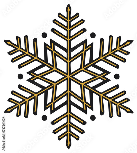 Elegant golden black stylized snowflake illustration for winter holidays and Christmas decoration