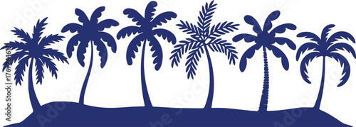 Vector art of row of blue palm trees on a sandy beach with a sunburst
