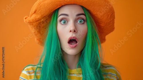 Young woman looking surprised with green hair and orange hat