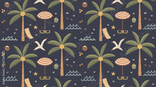 Vector art of tropical beach scene with palm trees, umbrellas, and seagulls