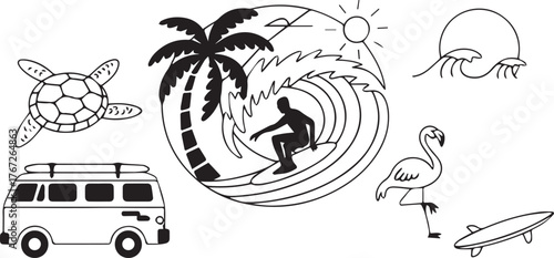 Vector art of retro surf and sun graphic elements with van and turtle