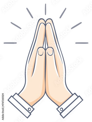 Praying Hands Symbolize Hope and Faith In Cartoon Style With Radiating Lines