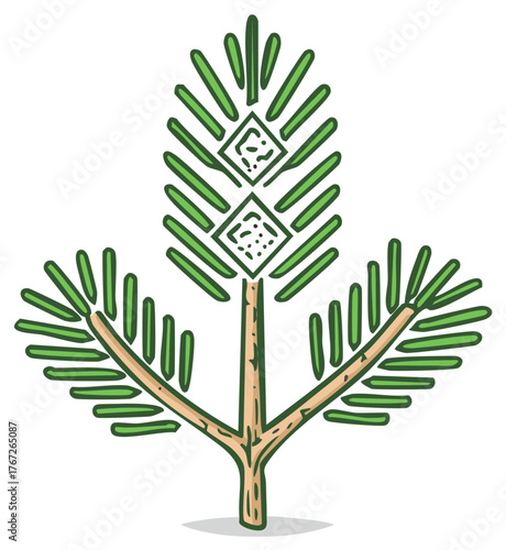 Stylized pine sapling with geometric patterns folk art illustration