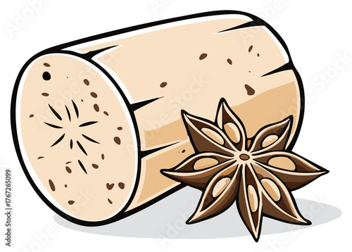 Cartoon illustration of a cork and star anise, culinary concepts.