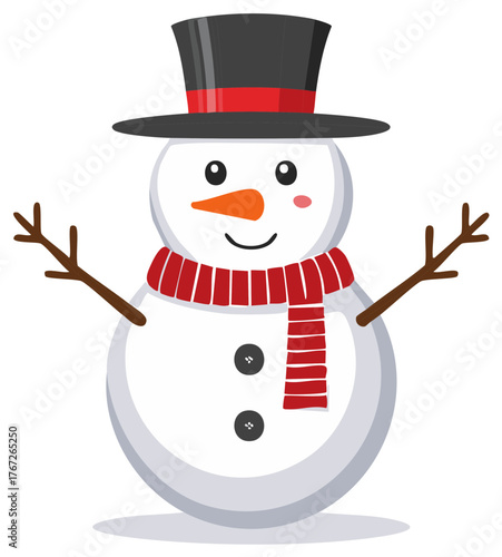 Cheerful snowman character with hat scarf and stick arms holiday winter season illustration