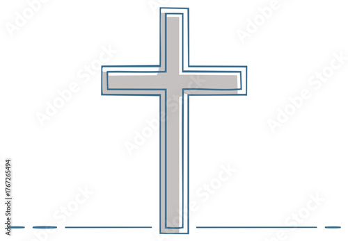 Minimalist hand drawn cross symbol with blue outline and gray fill expressing spirituality hope and religion