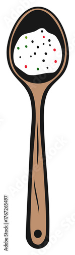 Wooden spoon filled with white granular substance and colorful peppercorns or spices