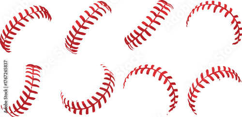 Baseball red seam set, isolated stitch curve collection, sports ball thread design, vector illustration for motion graphics, branding, and decoration