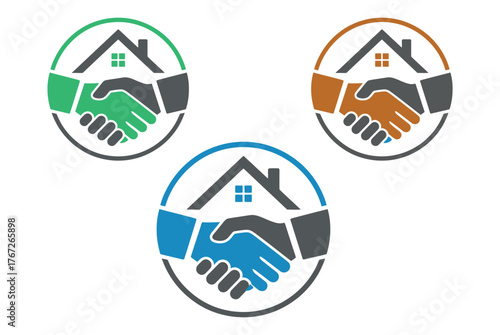 Three handshake logos with houses symbolize real estate deals.