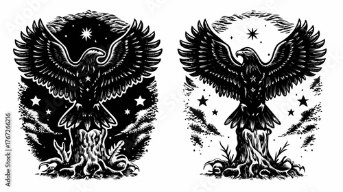 Majestic eagles, wings spread in bold, graphic art symbolizing freedom and strength in timeless design