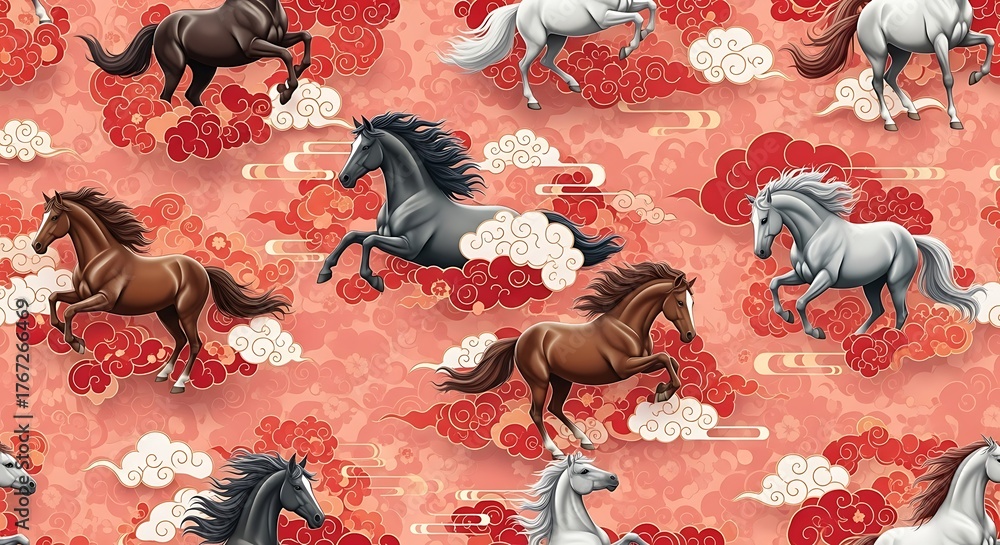 Seamless Pattern of Rearing Horses on Red Clouds, Asian Inspired