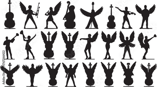 a set of musical silhouette flat icon collcetion . vector black silhouette of musical instrument.	