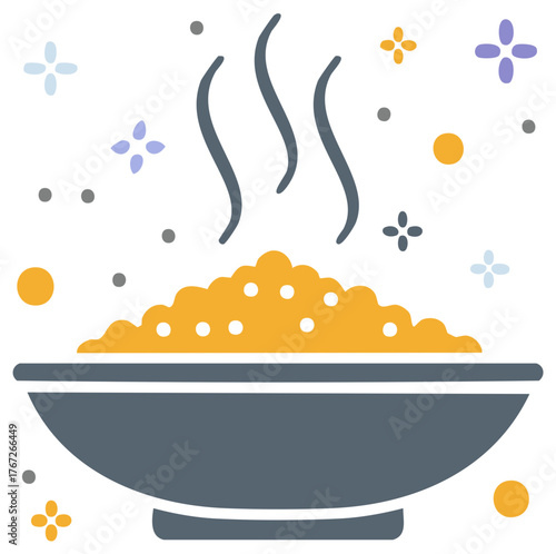 Freshly Cooked Hot Food Bowl with Rising Steam and Decorative Sparkle Effects