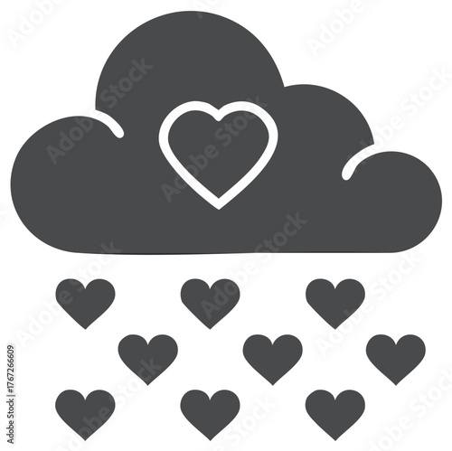 Stylized cloud with white outlined heart and raining hearts, a symbol of love