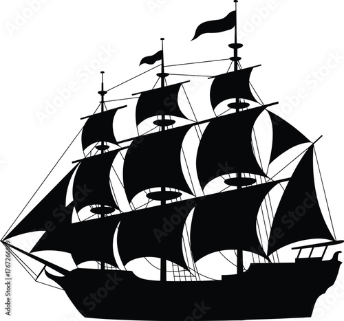 Historic tall sailing ship silhouette, three mast vessel with rigging and sails, nautical vintage illustration, maritime exploration and adventure design