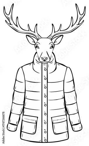 Stylish anthropomorphic deer with large antlers wearing a warm puffer jacket line art illustration
