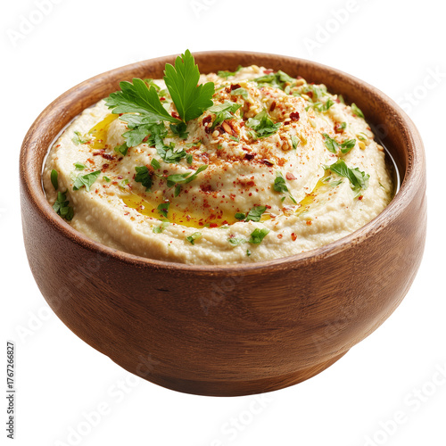 Mutabbal creamy baba ganoush roasted eggplant puree with tahini and lemon served in wooden bowl, garnished with parsley and olive oil, isolated on white transparent background, concept of healthy food
