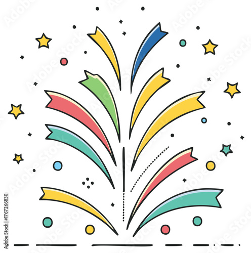 Festive celebratory fireworks exploding upwards with vibrant colors and a burst of sparkling stars on a white backdrop