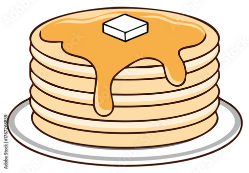 Stack of delicious pancakes topped with syrup and a pat of butter on a plate