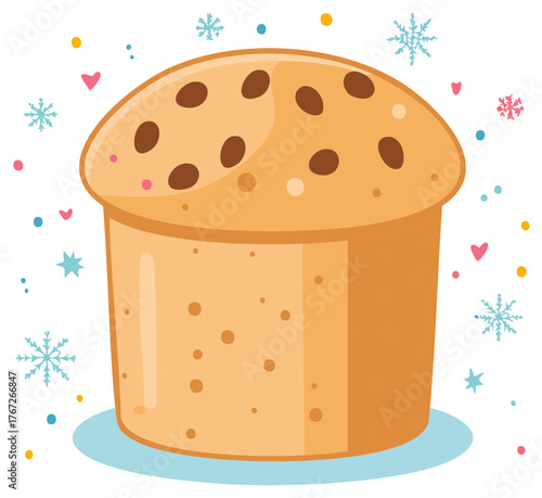 Festive panettone sweet bread with chocolate chips and cheerful winter holiday decoration symbols