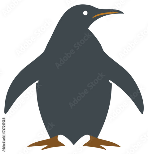 Stylized penguin illustration with dark gray body and orange details.
