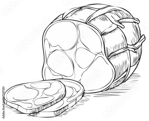 Hand drawn illustration of a whole cured ham with slices in a vintage sketch style