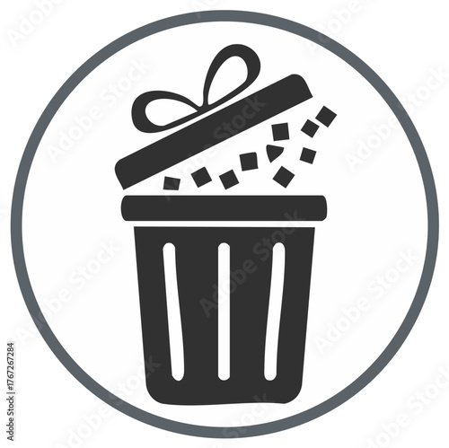 Gift box lid being discarded into a trash can icon representing digital content removal or unwanted items deletion